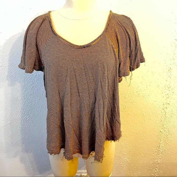 We The Free Brown Striped Slit Sleeve Split Sides Short Sleeve Top XS - Picture 2 of 10